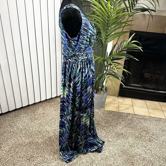 AB Studio Women's L Maxi Dress Navy, Yellow, Blue, Green Chevron Empire Waist - Picture 3 of 11
